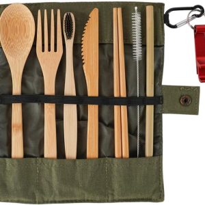 Skosod Travel Utensils Reusable Utensils with Case Eco-Friendly Bamboo Cutlery Set for Kids & Adults Portable Utensils Set Bamboo Spoon Fork Knife Brush Straw Chopsticks Toothbrush Bottle Opener Pouch